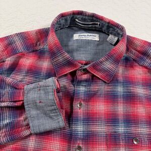 Tommy Bahama Canyon Beach Flannel Button Up Shirt Men's Large Red Blue Plaid EUC